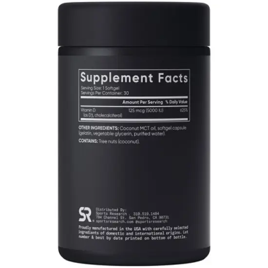 Sports Research Vitamin D3, 125 mcg (5,000 IU), 30 Softgels image {1}