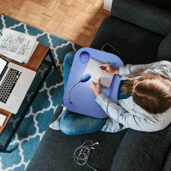 Hastings Home Portable Cushioned Lap Desk with Removable Gooseneck LED Light, Cup Holder, and Pen Slot - Blue image {4}