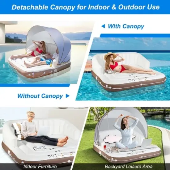 Costway Floating Island Inflatable Swimming Pool Float Lounge Raft with Canopy SPF50+ Retractable Detachable Sunshade with Two Cup Holders White image {6}