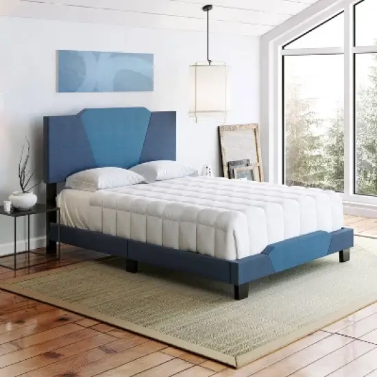 Full Sydney Color Block Blue/Ocean Linen Upholstered Platform Bed Blue - Eco Dream image {5}