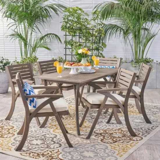 Christopher Knight Home Zachary 7 Piece Patio Dining Set with Acacia Wood Table and Slatted Chairs image {10}