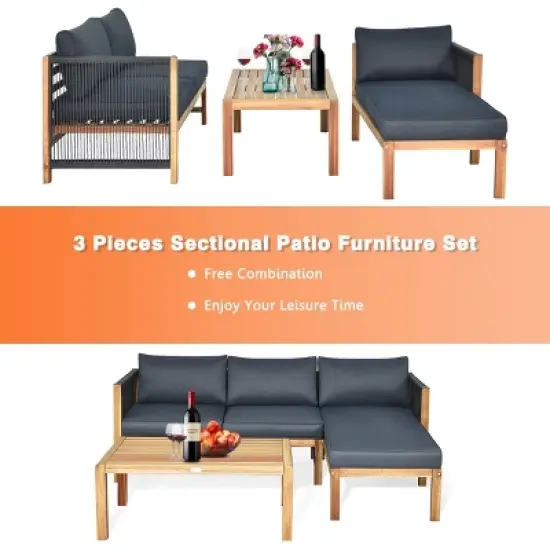 Costway  3PCS Patio Sofa Furniture Set Thick Cushion Acacia Wood image {7}
