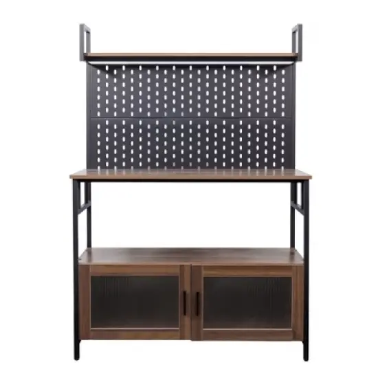 Kumasinova Kitchen Hutch Cabinet with Microwave Stand,Multifunctional Buffet Sideboard with Pegboard&2 Glass Doors,Kitchen Bakers Rack with Iron Frame image {1}