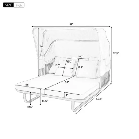 57" Outdoor Patio Rattan Daybed Sunbed with Retractable Canopy and Pillows image {1}