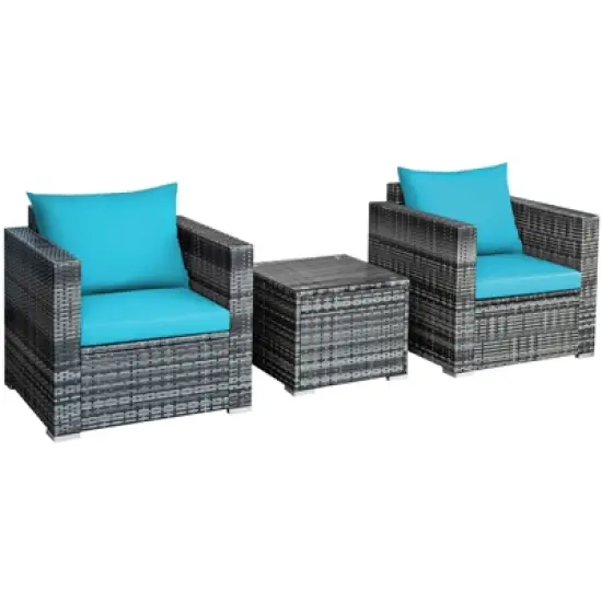 Tangkula 3PCS Patio Rattan Furniture Set Outdoor Bistro Set w/Washable Cushion for Garden Poolside Backyard Turquoise image {3}