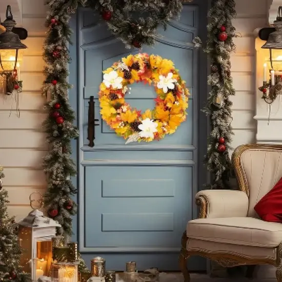 24" Fall Wreath for Front Door - Autumn Wreath with Pinecones & Maple Leaves, Thanksgiving & Halloween Decor, Farmhouse Decoration for Porch image {4}