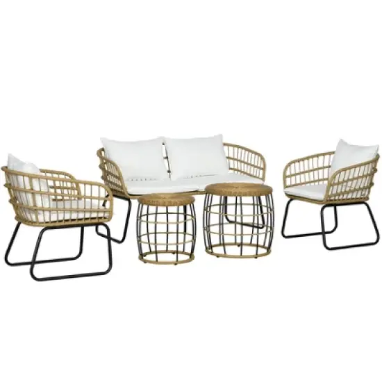 Outsunny 5 Piece PE Rattan Outdoor Furniture Set with Cushioned Chairs, Loveseat Sofa & Stackable Coffee Tables image {7}