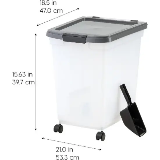 IRIS USA Dog Food Storage Container 50 lbs, with Removable Rolling Wheels & Included Scoop, for Dog Cat Bird and Other Pets, Clear/Dark Gray image {1}