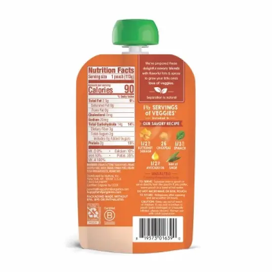 HappyBaby Organics Stage 2 Squash Chickpeas and Spinach with Avocado Oil & Sage Baby Food Pouch - 4oz image {1}