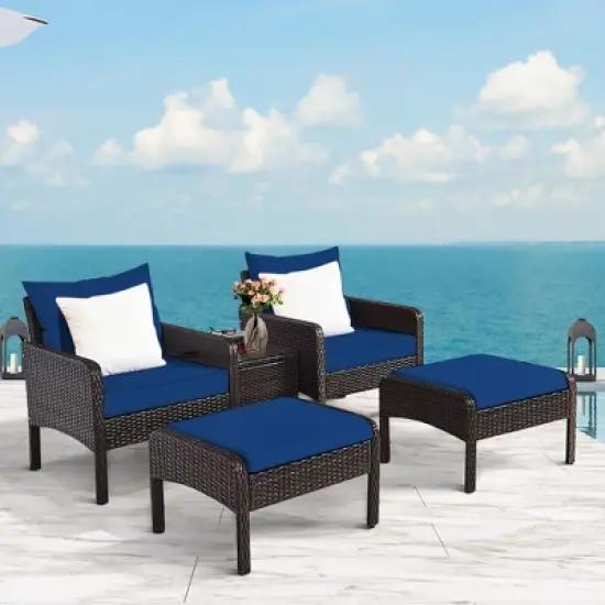 Costway 5 PCS Patio Rattan Wicker Furniture Set Sofa Ottoman Coffee Table Cushioned image {10}