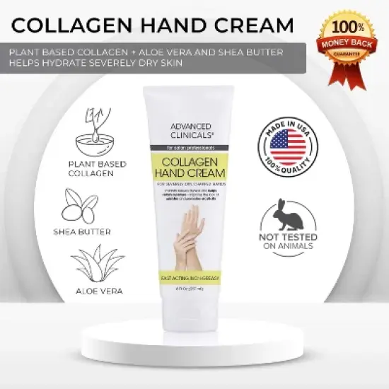 Advanced Clinicals Collagen Hand Cream. Skin Care Moisturizer Lotion For Dry, Cracked Skin. 8 Fl Oz image {1}