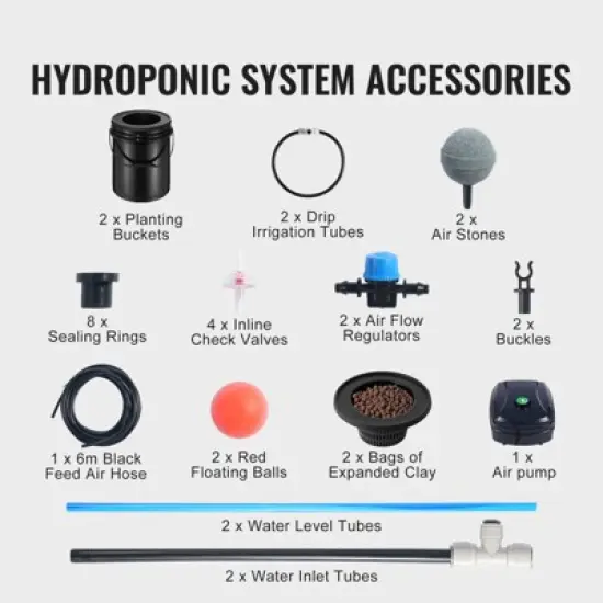 VEVOR DWC Hydroponics Grow System, Hydroponic Growing System with Top Drip Kit, Deep Water Culture 5-Gallon 2 Buckets, with Air Pump, Black image {2}