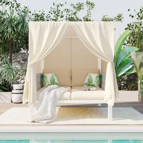 Outdoor Patio Daybed with Curtain and Canopy, 2-Seater Woven Rope Sunbed, Daybed with Iron Frame and Foam Cushions and Pillows&ndash;Cuddlewood image {1}