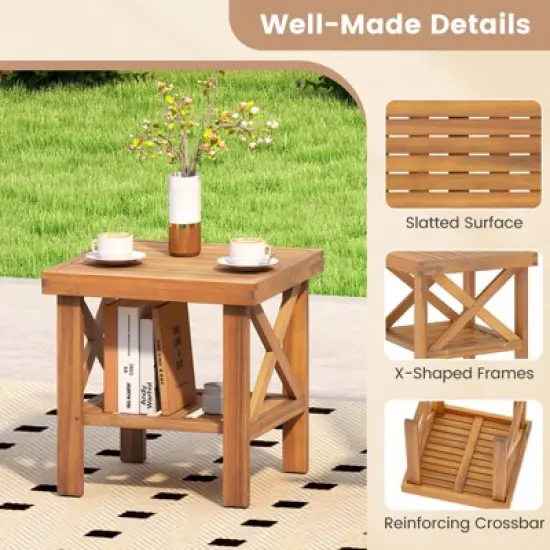 Tangkula 2PCS Outdoor Side Table Acacia Wood Adirondack Table w/ Storage Shelf Natural image {7}
