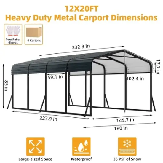 12x20 FT Heavy Duty Metal Carport Kit - Galvanized Steel Roof, 100MPH Wind Rated, 35PSF Snow Load for RV, Tractors, Trucks image {1}
