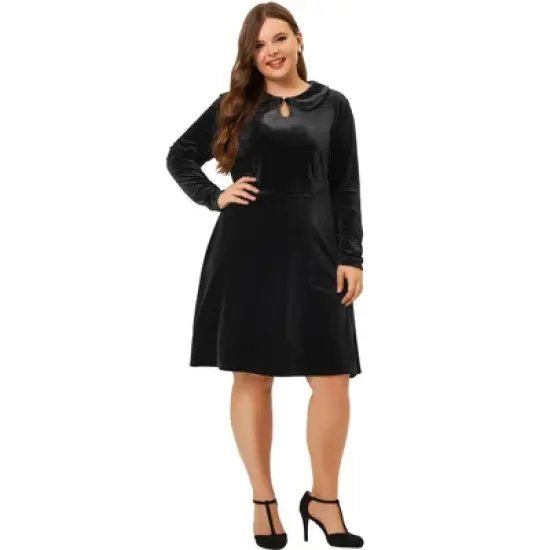 Agnes Orinda Women's Plus Size Elegant Outfits Velvet Long Sleeve Peter Pan Collar Flare Midi Dress image {2}