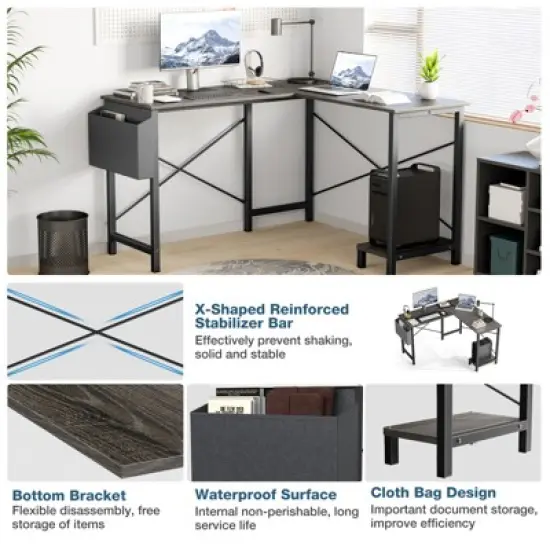 SEVOBAL Desks L Shaped Gaming, Reversible Standing Desk with Storage Side Bag, Wood Corner Computer Table, Home Office, Grey, 50"*43.3"*29.53" image {2}
