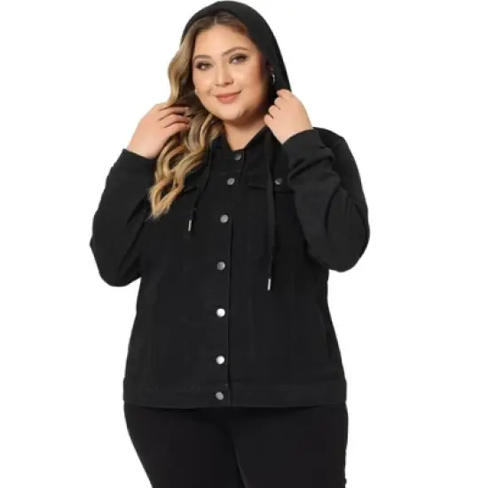 Agnes Orinda Women's Plus Size Denim Hood Drawstring Fall Winter Button Jean Jackets image {11}