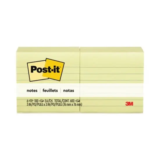 Post-it Notes Original Pads in Canary Yellow, Note Ruled, 3" x 3", 100 Sheets/Pad, 6 Pads/Pack image {1}