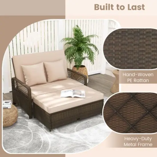 Tangkula Patio Rattan Daybed Wicker Loveseat Sofa w/ Multifunctional Ottoman image {3}
