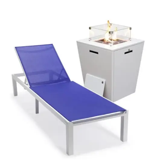LeisureMod Marlin Modern Outdoor Patio Chaise Lounge Chair in White Aluminum Frame with Square Fire Pit Side Table image {21}