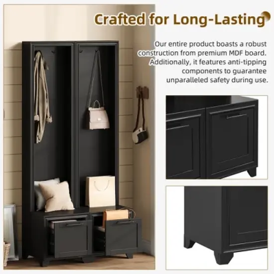 TIRAMISUBEST Hall Tree Set of 2 - 3-in-1 Entryway Organizer with Bench & Storage, Farmhouse Style, Black Retro Handles image {5}
