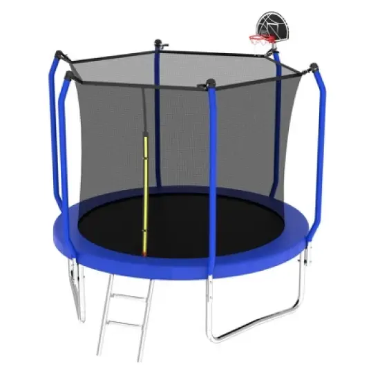 Whisen Kids&rsquo; Trampoline with Safety Enclosure Net, Foam Padded Poles, W-Shaped Legs,  Ladder and Basketball Hoop - Blue image {8}