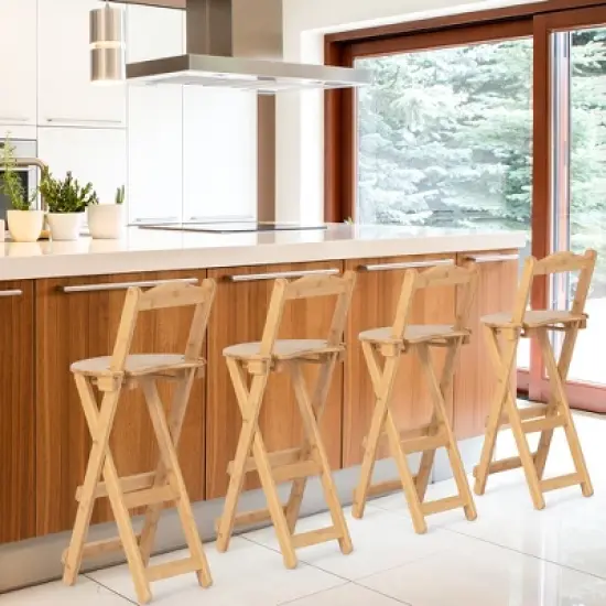 Costway Set of 2 Bamboo Folding Barstools Counter Height Dining Chairs Installation Free image {1}