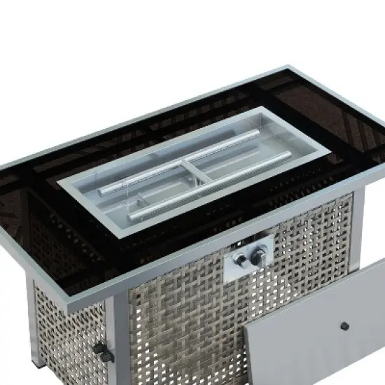43-Inch Outdoor Rectangular Propane Fire Pit Table, 60,000 BTU, Open Wicker with Glass Wind Guard, Grey image {7}