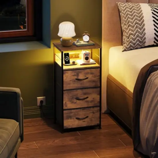 GALAXHERO Nightstand Set of 2 with Charging Station, LED Night Stand with 3 Fabric Drawers and Storage Shelf, Bedside Table 31.93" Tall image {5}