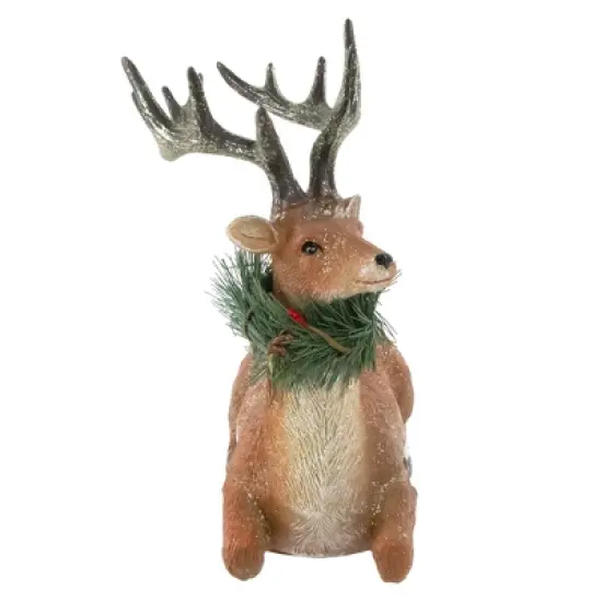 Northlight Glittered Sitting Deer with Pine Neck Wreath Christmas Decoration - 10" image {2}