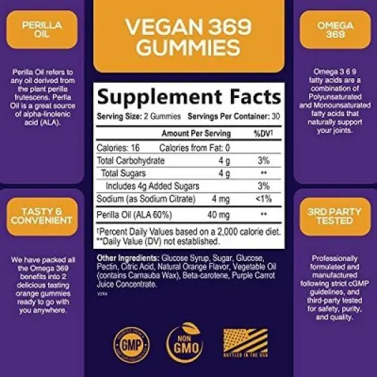 Omega 3 6 9 Vegan Gummies - Triple Strength Omega 3 Supplement Gummy - 369 Heart Support & Brain Support - 60 Gummies By Nature's Nutrition image {2}