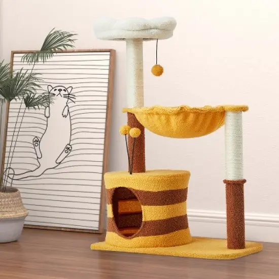 EROMMY 36.6" Flower Cat Tree with Well-padded Perch, Cat Tower with Sisal Scratching Posts and Interactive Toys, Yellow image {4}