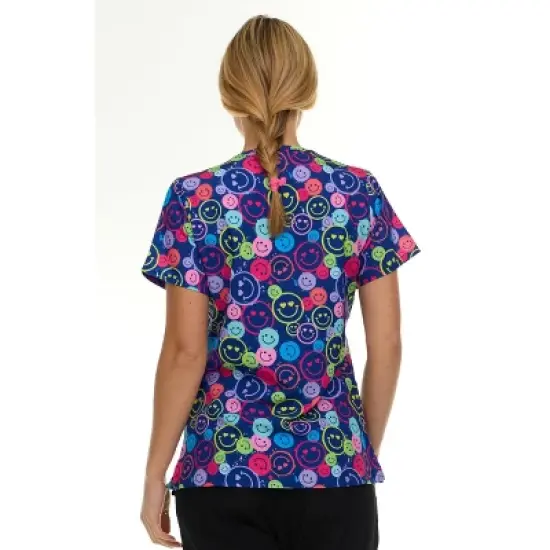 Medichic Scrubs Printed V-Neck Scrub Top - Four Pocket Fashion Scrub Top for Women, Be Happy Smiles, X Small image {1}