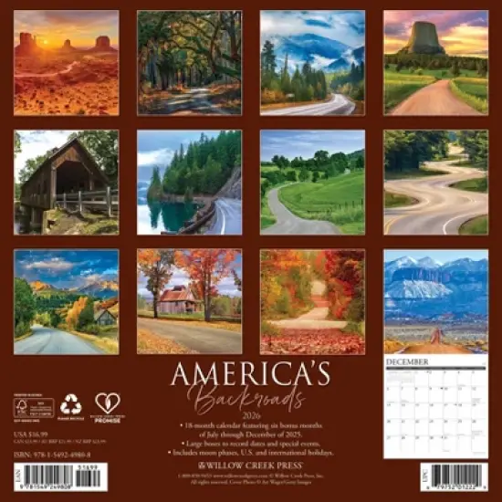 Willow Creek Press 12"x12" 2026 America's Backroads Wall Calendar image {1}