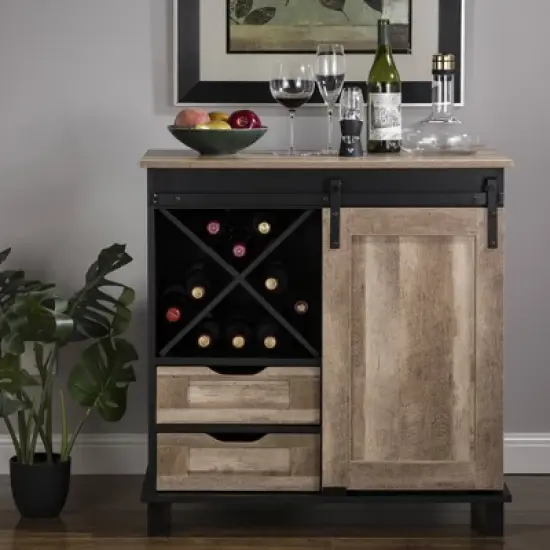 Modern Industrial Wine Cabinet with Sliding Door Brown - Glitzhome image {1}