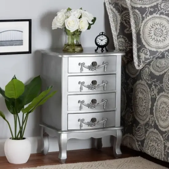 Callen Brushed Wood 4 Drawer Nightstand Silver - Baxton Studio image {1}