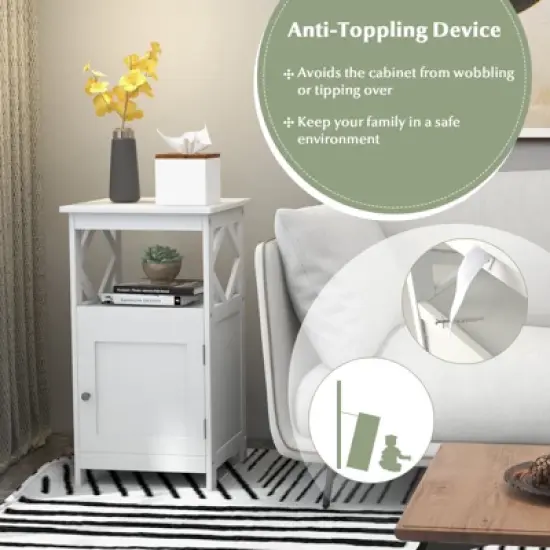 Tangkula Bathroom Floor Cabinet Single Door Storage Cabinet with Open Compartment Anti-Toppling Device Grey/White image {6}