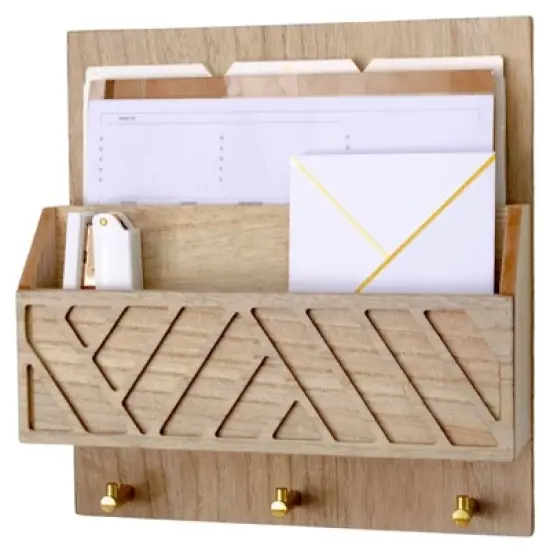 Wall Mounted Mail Organizer with 2 Slots and 3 Hooks &ndash; Multiple Finishes &ndash; MDF Wood image {9}