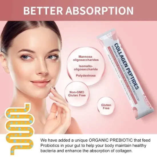 NATURE TARGET Multi Collagen Peptides Powder - Type I, II, III, V, X - Hydrolyzed Collagen Peptides with Prebiotics - 30 packets image {2}