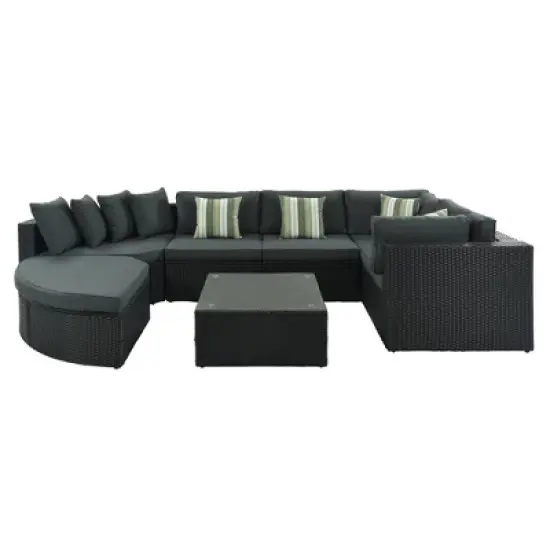 7pc Wicker Patio Seating Set with Cushions & Striped Pillows - Gray - GODEER image {14}