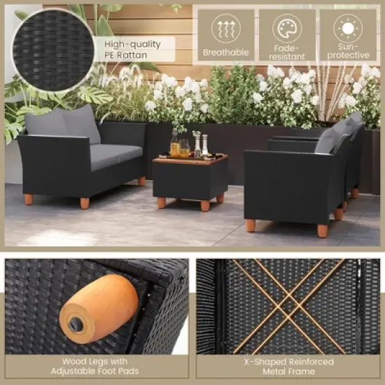 Tangkula 4 PCS Wicker Patio Furniture Set w/ Removable Cushions Storage Coffee Table image {4}