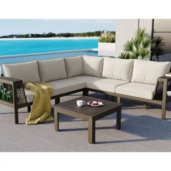 Outdoor 4-Pieces L-Shaped Sectional Sofa, Acacia Frame Sofa with Woven Mesh Armrests and Table, Sofa with Polyester Cushions&ndash;Cuddlewood image {2}