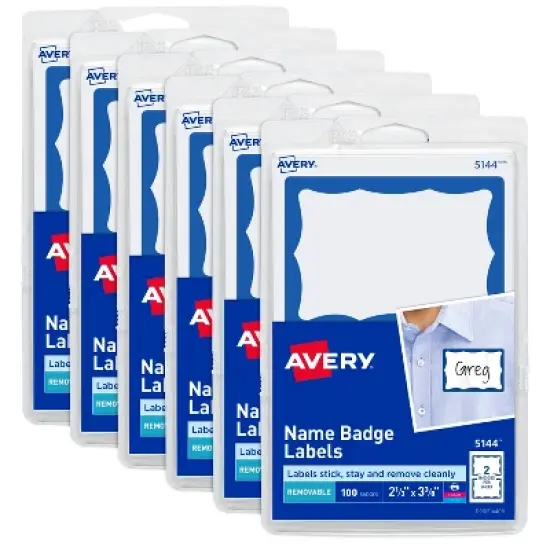 Avery Customizable Name Tags, 2-1/3" x 3-3/8", White with Blue Border, 6 Packs of 100, 600 Removable Name Badges Total (44144) image {9}