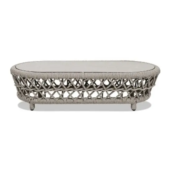 Jennifer Taylor Home Everly 43.5" Oval Woven Patio Coffee Table, Light Beige Olefin image {1}