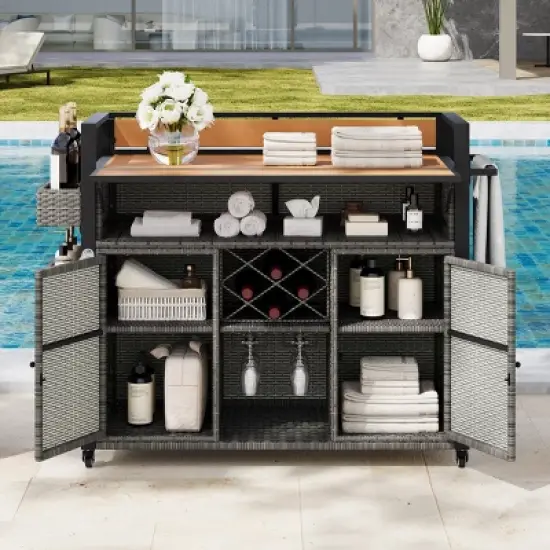 Wooakway 53"W Outdoor Grill Cart with Wheels Black Brown Wicker Rolling Kitchen Island with Storage and Extension Tabletop image {17}