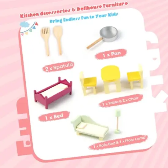 Costway Kids Kitchen Playset & Dollhouse 2-In-1 W/ Accessories & Furniture For Toddlers image {7}