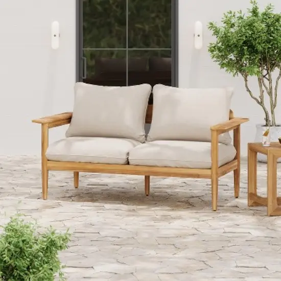 Christopher Knight Home Kara 61" Outdoor Acacia Wood Loveseat with Water-Resistant Cushions and Slat Open Back image {9}
