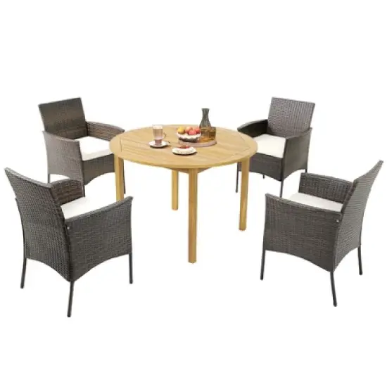Tangkula 5 PCS Patio Dining Set Round Acacia Wood Table 4 Cushioned Wicker Armchairs image {10}