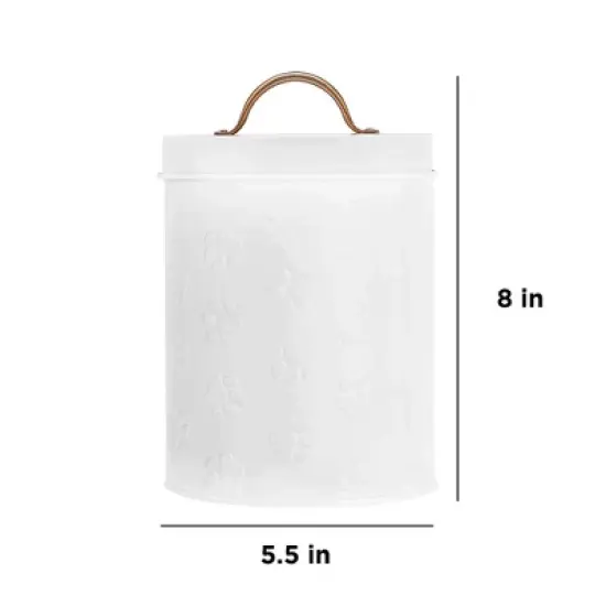 Amici Pet Small White Metal Canister (8" H x 5.5" L) - Airtight Gasket Lid & Handle, Embossed with Puppy Paws - Decorative Pet Food Storage Jar, 64 Oz image {1}